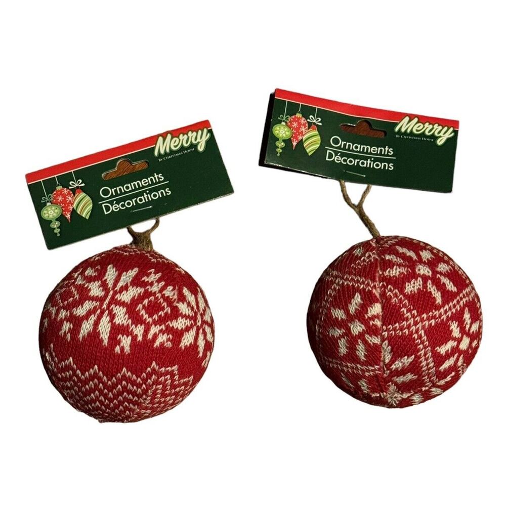 Christmas Sweater Balls Tree Ornaments (2) 3.7” Hanging Loops Holiday Decor READ